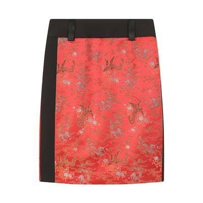 蓝点25早春朱红拼接复古提花半裙