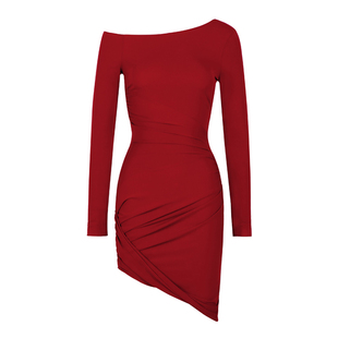 ITSNIKAR法式红色斜肩连衣裙女秋长袖包臀裙性感新年针织短款裙子