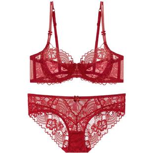 兰帕菲尔法式内衣性感超薄透明妩媚防下垂大码零束缚蕾丝文胸套装