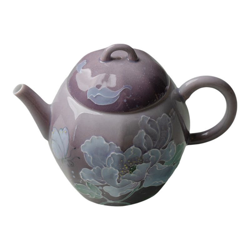 束刻 幻紫手绘牡丹花功夫茶具套装轻奢一壶一杯高档家用茶壶茶杯
