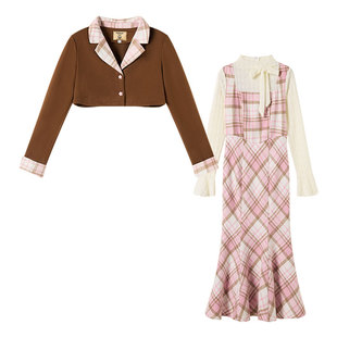 织物猪Fabricpig焦糖草莓 复古千金感鱼尾裙套装女秋包臀连衣裙子