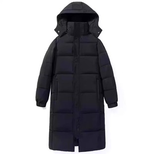 大码中戏黑色连帽羽绒棉服女冬2025新款中长款过膝韩版宽松棉衣潮