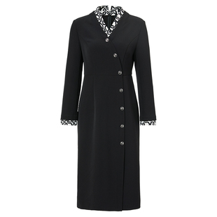 商场同款马天奴2025秋冬新款女黑色拼接印花V领收腰长袖连衣裙子