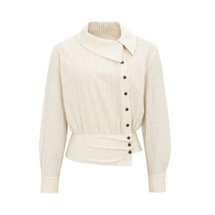 dorydory 米白色条纹翻领不规则收腰衬衫女春秋新款斜门襟上衣女