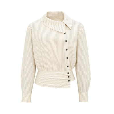 收腰显瘦斜门襟条纹白色衬衫