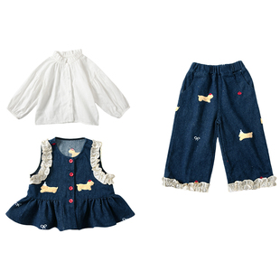 女童洋气花边牛仔套装春秋季2026新款时髦中小童三件套儿童春装潮