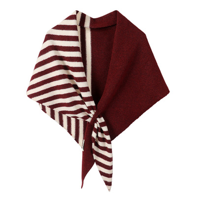 酒红拼色条纹含羊毛三角围巾披肩