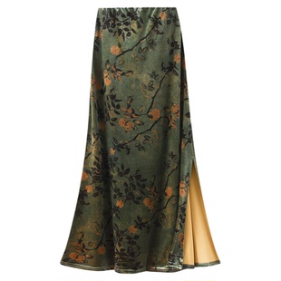 99951 国风气质丝绒半身裙秋冬女2025新款复古新中式开叉鱼尾长裙