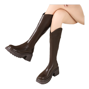 达芙妮厚底v口骑士靴女秋冬2025高筒靴小个子增高长筒靴不过膝靴