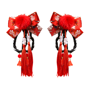 新年喜庆头饰儿童中国风大红蝴蝶结辫子流苏发夹女童古装汉服发饰