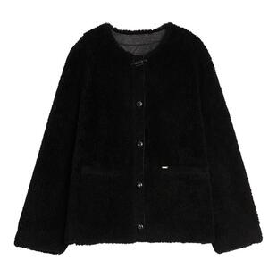 【100%绵羊毛】ELLE黑色毛绒短外套女2025冬季新款通勤羊羔毛上衣