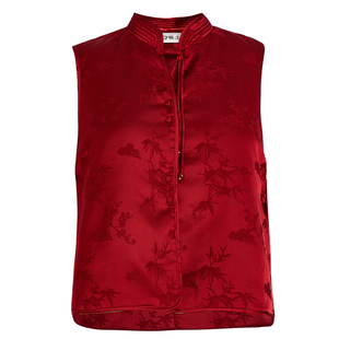 qs秸熙秋冬季新款层次感叠穿显瘦马甲外套轻国风中式提花棉服上衣