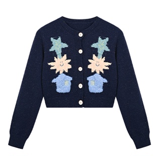 【马得工地Madgood~】日系百搭短款撞色涂鸦开衫毛衣女秋冬新款