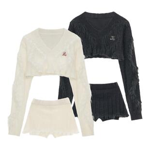 MAMC学院风短款毛衣秋季新款高级感气质外套上衣拼毛坑条短裙裤