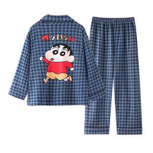 蜡笔格子纯棉儿童睡衣男童春秋长袖男孩中大童亲子宽松家居服套装