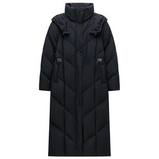 【季末折扣】欧时力连帽立领长款羽绒服外套大衣抽绳保暖2025秋冬