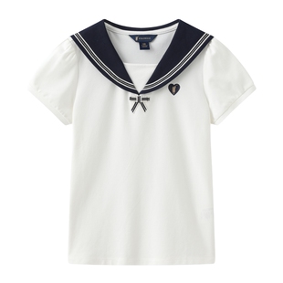 POLOWALK童装2026新品夏季女童短袖T恤白色翻领T恤波点印花上衣