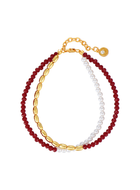 南红色细琉璃双层叠戴珍珠手链女