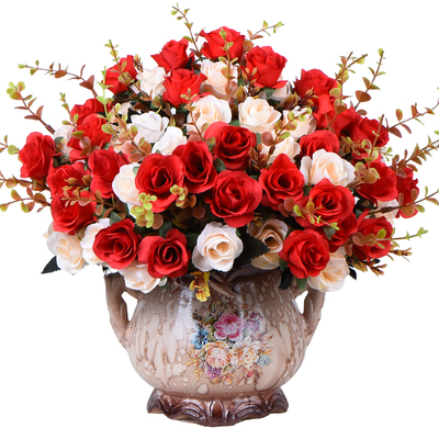 欧式仿真玫瑰花客厅装饰假花摆设摆件塑料花束餐桌盆栽摆花绢花艺