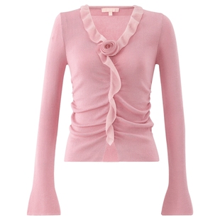 【含桑蚕丝玫瑰瘦瘦衫】V领荷叶边珠片纱套头针织衫DOUBLOVE贝爱