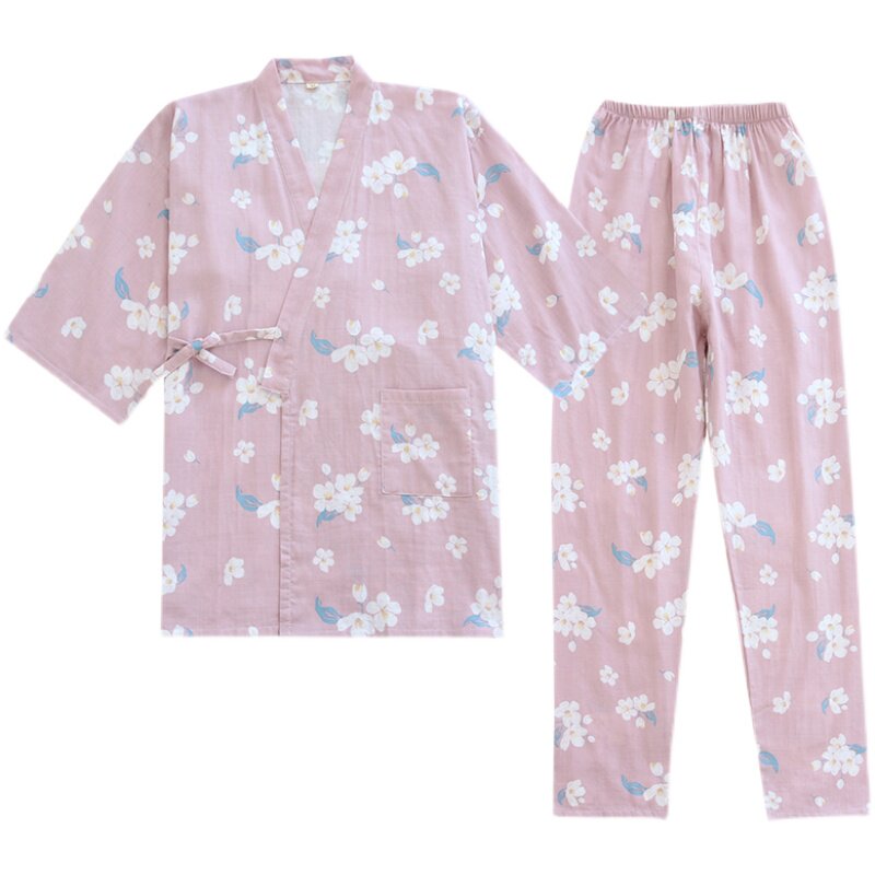 女士汉服斜襟系带睡衣春夏纯棉纱布家居服薄款宽松汗蒸服日式和服