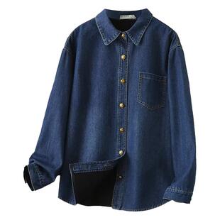 202秋冬新款加绒保暖牛仔衬衫女装外套大码胖mm宽松显瘦休闲上衣