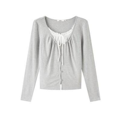 三福长袖T恤女2026新款春季小个子绑带假两件短款上衣女装517366