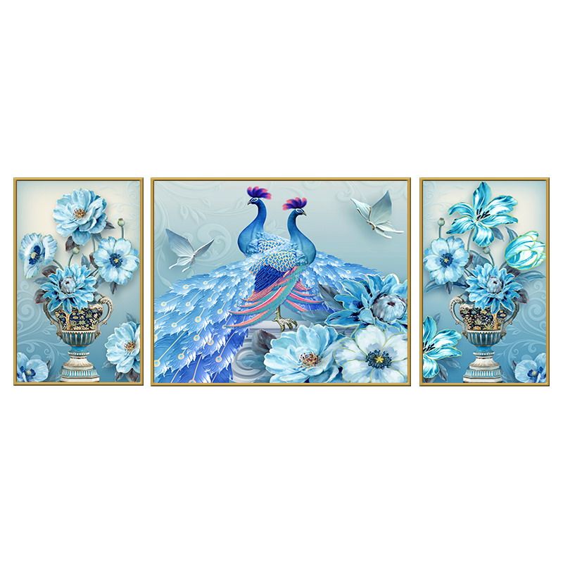 孔雀花卉装饰画三联画铝合金框画