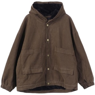 大码女装冬装2026新款宽松文艺复古加绒加厚连帽棉衣牛仔短外套潮