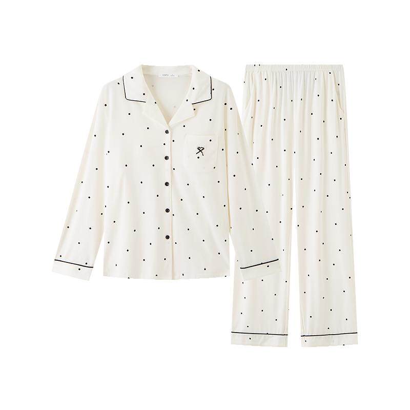 三福女春季净色波点长袖睡衣套装 甜美宽松带杯家居服513569