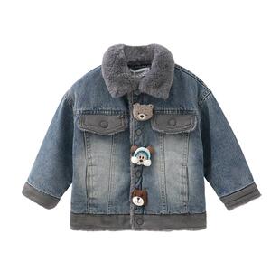 MOMOCO/玛米玛卡男童加绒牛仔外套2025冬季新款中大童可爱玩偶潮