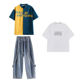 街舞儿童棒球服黄蓝美式撞色外套短袖衬衫嘻哈男女童hiphop套装酷