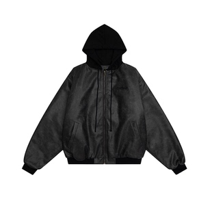 ENDLESS DESIRE左奇函明星同款美式潮牌PU皮棉服男女打褶拉链外套