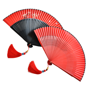 红色跳舞抖音汉服旗袍搭配中国风折扇古典随身开合顺滑送流苏扇套