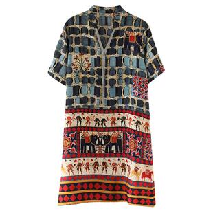 胖妹妹民族风印花裙子2026年夏季新款小立V领宽松短袖连衣裙潮女