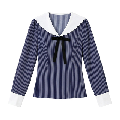 zklin法式掐腰花瓣领条纹衬衫