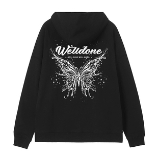 waikei we11done蝴蝶印花卫衣连帽男女潮牌美式学生情侣外套秋冬