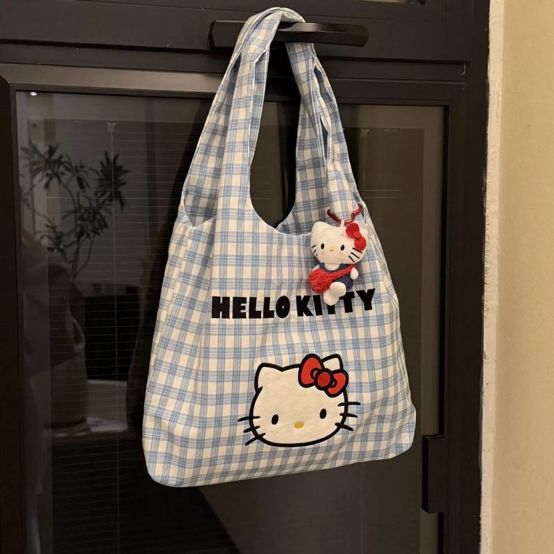 HelloKitty格子手提包包早春正流行大容量帆布包学生上班族托特包