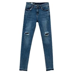 韩国howluk破洞补丁小脚牛仔裤女春秋新款毛边显瘦长裤紧身铅笔裤