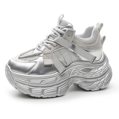 外贸银色厚底老爹鞋女款透网2025春夏真女士增高8cm休闲鞋显脚小