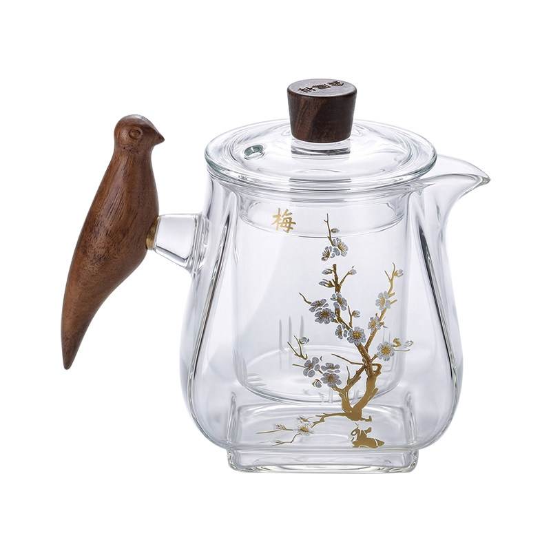 鑫凤祥画眉泡茶壶耐热玻璃壶实木侧把壶高硼硅玻璃煮茶壶玻璃茶壶