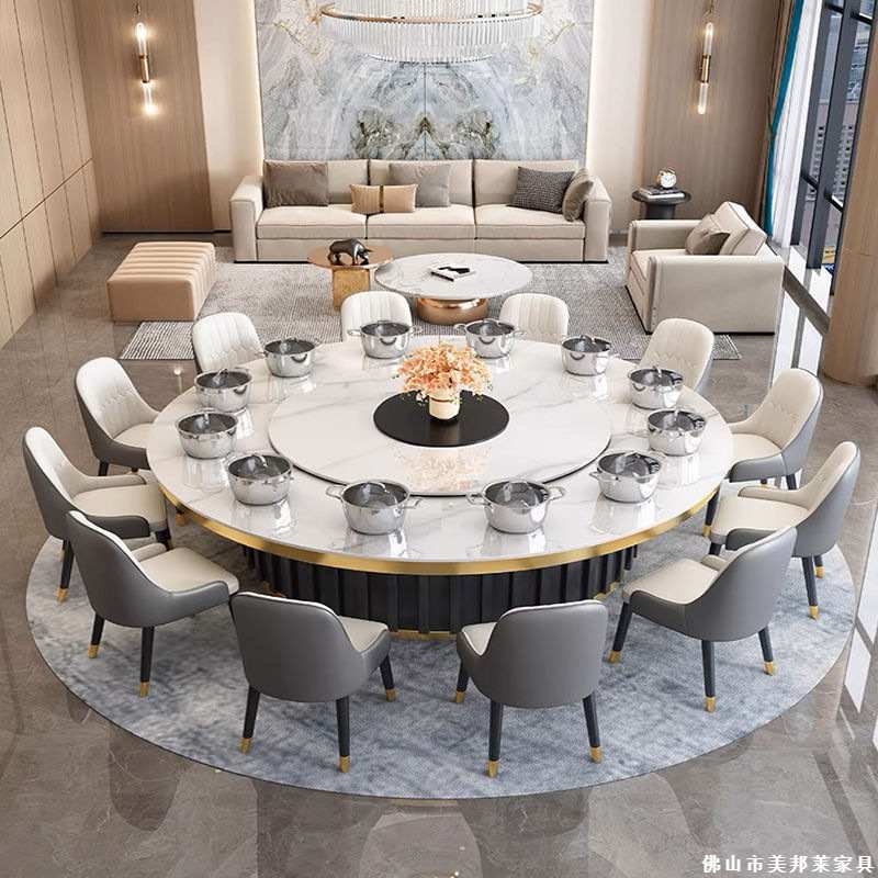 轻奢岩板圆桌15人20人酒店全自动圆桌商用电动一体电磁炉岩板餐桌