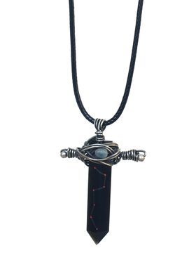 天然黑曜石海蓝宝北斗七星剑项链