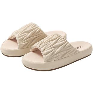 远港褶皱棉麻拖鞋女士春夏季室内居家用pu皮防滑四季外穿男牛筋底