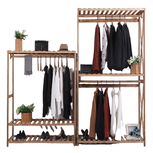 复古服装店展示架落地式实木质双层包包鞋架货架单双杠陈列挂衣架