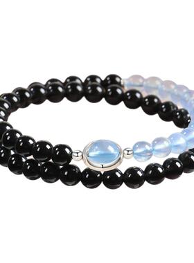 天然黑曜石双圈补水海蓝宝手链