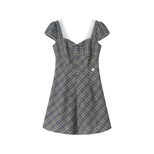 【雨季茶话会】Uena咖绿色格纹蕾丝花边蝴蝶结泡泡短袖收腰连衣裙