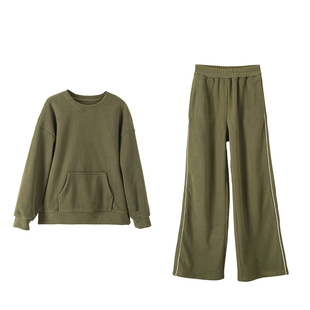 军绿色羊羔绒圆领卫衣阔腿裤套装女2026秋冬新款法式高级感两件套