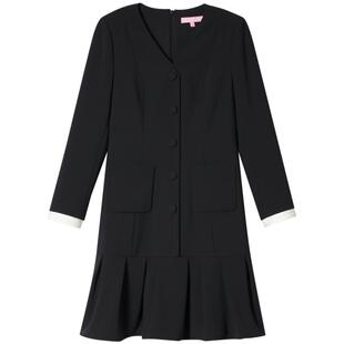 SALT.P可颜春季千金风法式v领长袖连衣裙短款拼接a字裙小黑裙