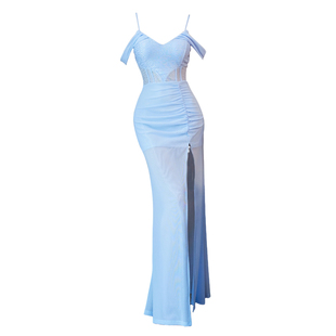 新款吊带露肩长裙收腰修身性感显瘦开叉晚礼服透视减龄轻奢连衣裙